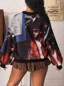Slaydiva 2025年秋季新品，适合生日派对、校园风格、学生装、日常外出、基础百搭、休闲、度假、邮轮旅行、海滩、日光浴、网络热搜、街头风格、朋克风格、俱乐部、V领长袖、肖像印花、宽松运动衫、秋季上衣、女式连帽衫 - 彩色 - 查看 4