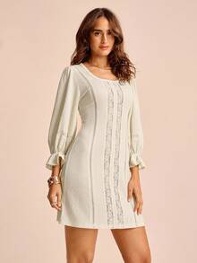 CAJUNI Women's Lace Patchwork Textured Semi-Sheer Boho Puff Sleeve A-Line Mini Dress - Cream - View 5