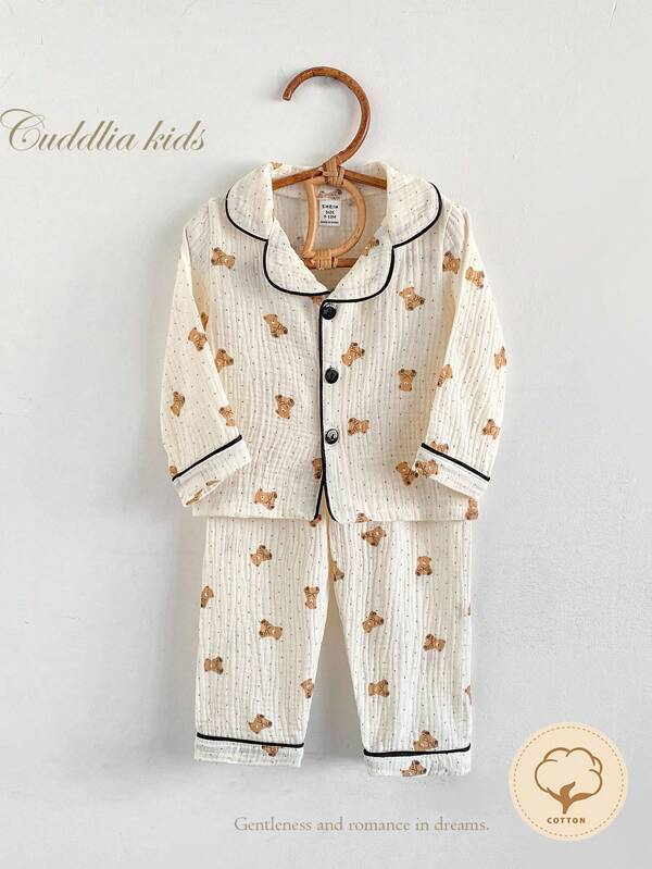 SHEIN Vintaside Kids 2pcs Baby Boy Cotton Bear Print Long Sleeve Top And Pants Pajama Set,Beige Summer Cute Sleep Baby Pajamas Sleepwear Clothes 12M-3Y Fall Winter