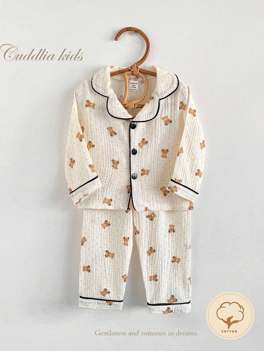 SHEIN Vintaside Kids 2件套男婴柔软棉质熊印花长袖上衣和裤子睡衣套装