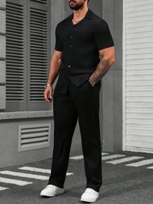 Manfinity Homme 男士提花短袖衬衫和裤子套装 - 黑色 - 查看 3
