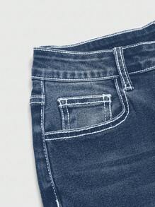 ROMWE Grunge Punk Jeans acampanados de talla grande con lavado y bordado cruzado casual - Azul - Ver 3