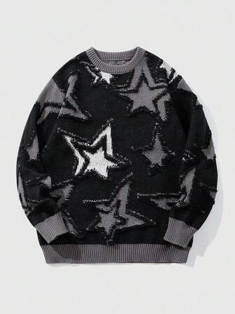 Street Life Suéter de cuello redondo holgado con estampado de estrellas para hombre, otoño/invierno