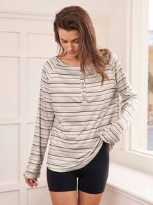 Hanevo Women's Striped Off Shoulder Button Long Sleeve Casual Sports T-Shirt Fall Cloth For Women - Multicolor - View 3