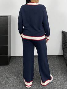 Sunnyshic Plus Size Women's Cute Bear Pattern Jacquard Knit V-Neck Sweater & Pants Set,Navy Blue,Autumn,Casual,School,Back-To-School 2-Piece Sweater Set - Royal Blue - View 3