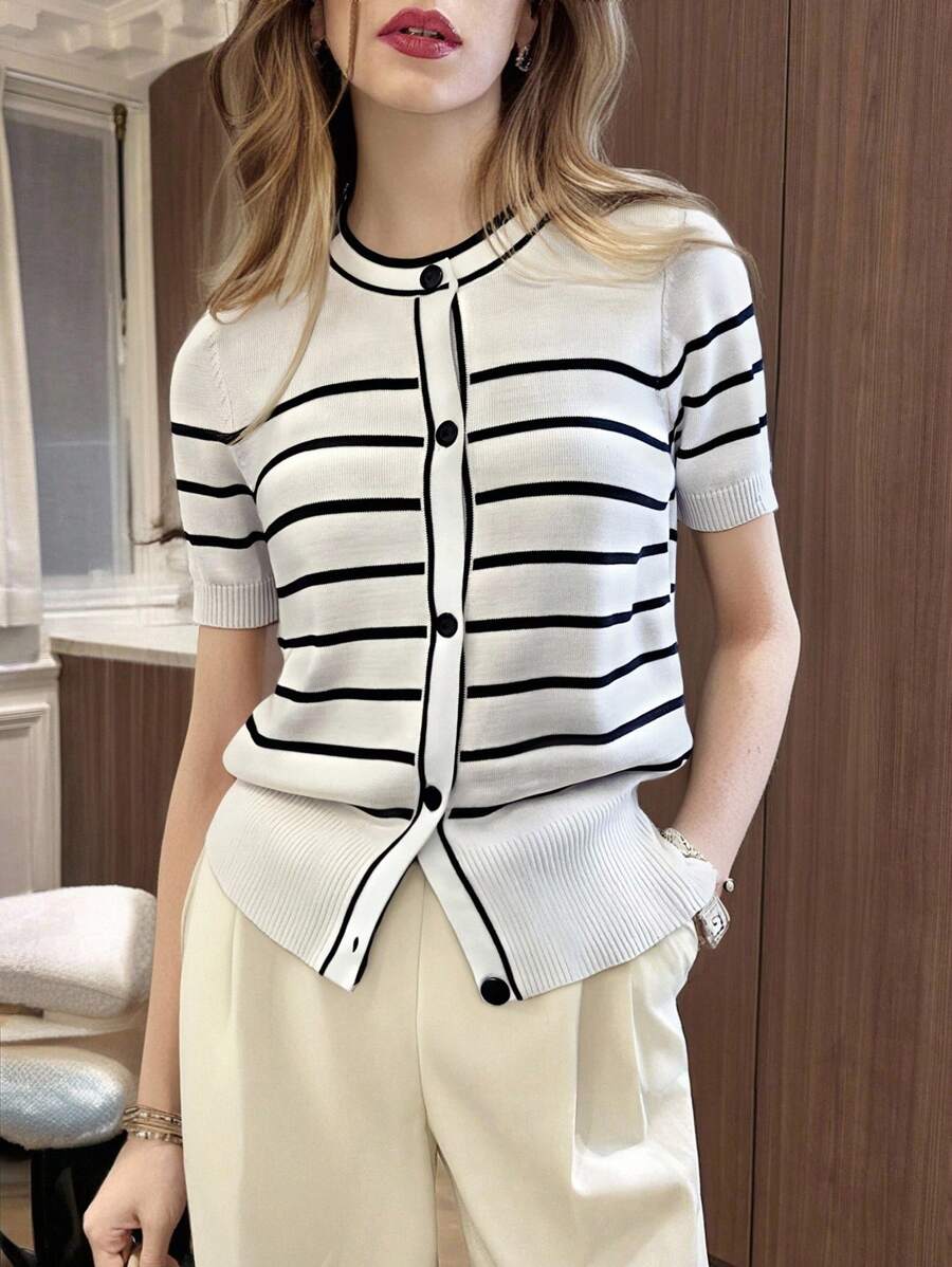 Pariaura Black & White Stripe Contrast Color Knit Cardigan, Short Sleeve Tops For Spring/Summer Knitted Sweater Clothes For University