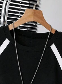 SHEIN 2 件套青少年春夏秋季插肩袖撞色条纹 T 恤和口袋短裤休闲运动时尚服装，Vacaura Boy - 黑色 - 查看 3
