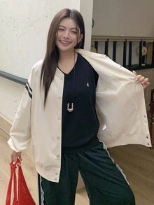 Dazy Plus Plus Size Varsity Jacket, Contrast Color Block & Numeric Print, Long Sleeve Loose Fit Plus Size Casual Coat For Women School - Apricot - View 8