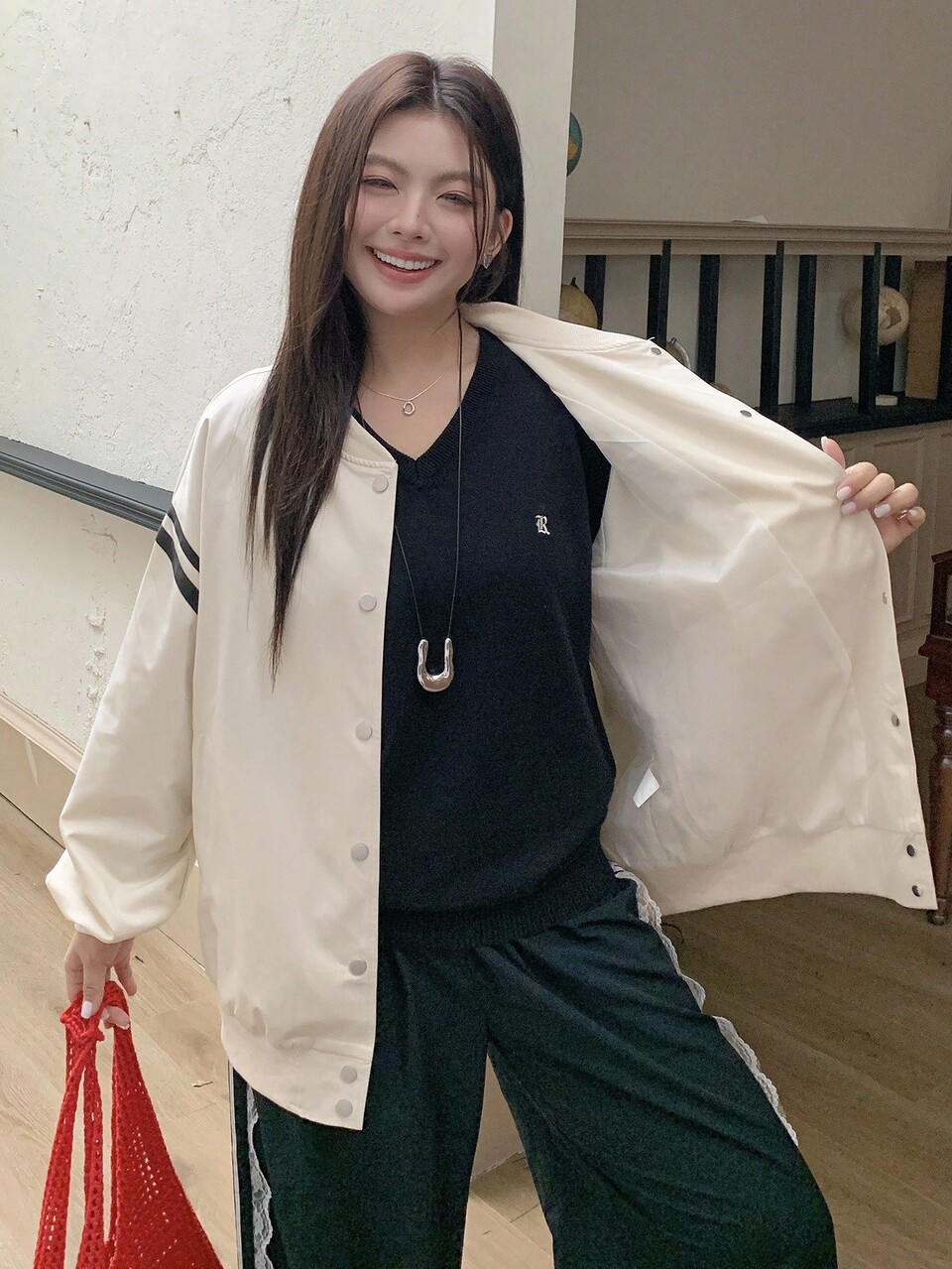 Dazy Plus Plus Size Varsity Jacket, Contrast Color Block & Numeric Print, Long Sleeve Loose Fit Plus Size Casual Coat For Women