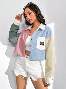 SHEIN EZwear 女式短款灯芯绒拼布单排扣休闲夹克 灯芯绒夹克 撞色夹克 秋冬女士街头服饰 - 彩色 - 查看 6