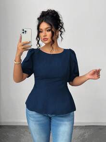 Elenzga Plus Size Women's Solid Color Bubble Short Sleeve Bowknot Back Elegant Casual Blouse, Summer - Navy Blue - View 7