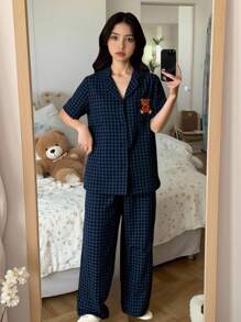 SHEIN 青少年女孩宽松休闲简约舒适领口小熊刺绣家居服睡衣套装 - 藏蓝色 - 查看 1
