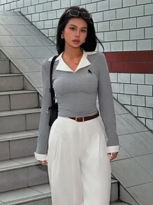 INAWLY 大码女式休闲修身长袖上衣，适合日常穿着 - 灰色 - 查看 2