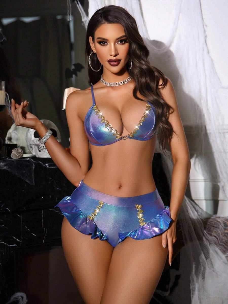 Spicy Aura Set Lingerie 2 Potong Bra dan Celana Dalam Tanpa Kawat Seksi Warna-warni Halloween untuk Wanita - MultiWarna - View 1