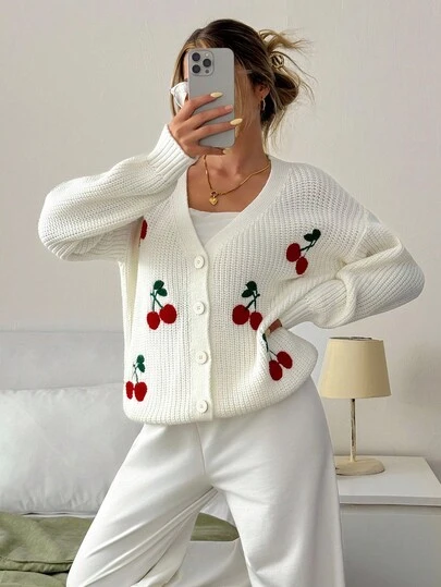 EURMUSE Ivory Textured Knitted Cardigan Women With Red Cherry Embroidery And Button-Up Front White Cherry Cardigan Cherry Sweater Womens Cardigan White Knit Cardigan,Cardigans,Long Cardigans Woman,Petite,Tall