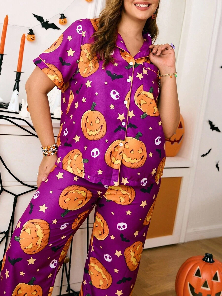 Bộ đồ ngủ in hình bí ngô và dơi Halloween cỡ lớn Chillnights - Nhiều màu - Xem 1