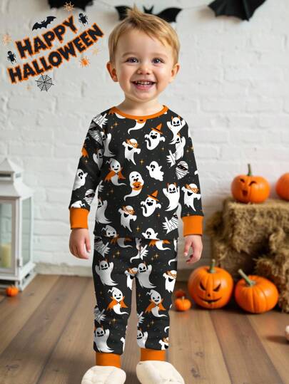 SHEIN Young Boy Casual Classic Halloween Pattern Designs, Cute Elf, Cool Halloween Zombie, Bat Elf, Little Ghost, Halloween Pumpkin, Adorable Wizard Elf Graphic Print Slim Fit Crew Neck Long Sleeve & Pants Pajama Set, Snug Fit, Suitable For Autumn/Winter, Halloween Costume, Halloween, Devil Halloween Costume, Halloween Clothes Toddler, Boys Halloween T-Shirt, Halloween Horror Nights, Halloween Clothes, Halloween Pajamas Fall