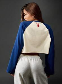 Missguided x Playboy 复古棒球插肩袖短款上衣运动衫复古学院风运动服休闲家居服秋冬 - 彩色 - 查看 2