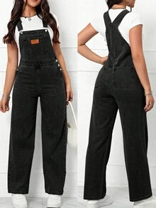 Flexra Patched Detail Denim Overalls Without Tee - Black - View 6