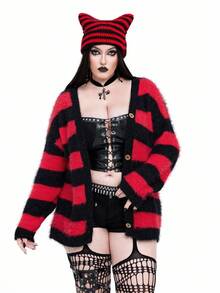 Whyspr 哥特朋克万圣节哥特式黑红条纹加大码开衫 - 彩色 - 查看 9