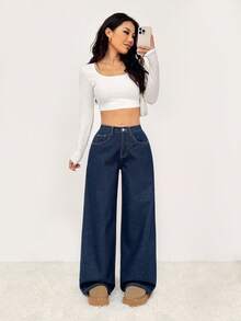 SHEIN PETITE 女士纯色中腰直筒休闲宽松百搭牛仔裤，娇小款，秋冬季棕色保暖内衬蓝色牛仔裤 - 藍色 - 查看 6