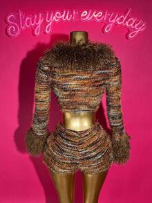 Slaydiva Women's Autumn Y2K Brown Striped Furry Texture Leopard Splicing Long Sleeve Cropped Top & Mini Shorts 2 Pieces Set, Nightclub Concert Party Outfit - Multicolor - View 2