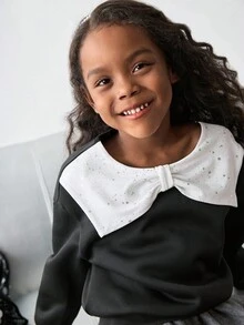 Maija Kids Maija Kids 小女孩圆领撞色蝴蝶结装饰卫衣女童黑白上衣女童水钻领上衣女童黑色蝴蝶结毛衣秋冬 - 黑色 - 查看 6