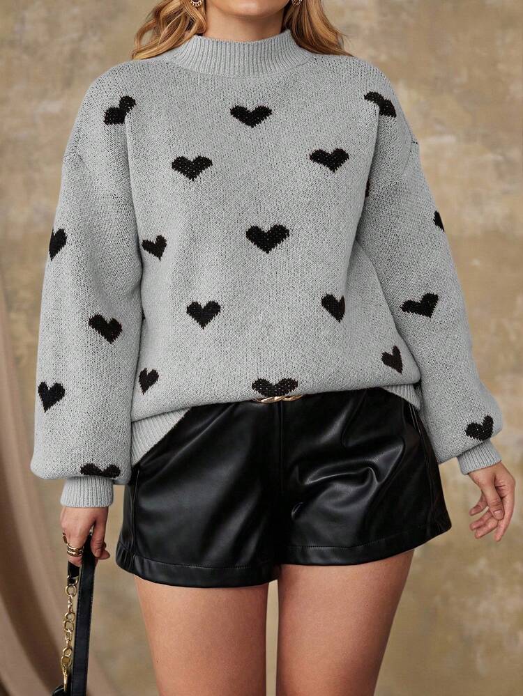 Plus Heart Pattern Mock Neck Drop Shoulder Sweater, For Winter Knit Pullover Fall Autumn