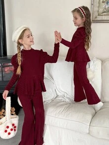 Blossori LMoss 2pcs Tween Girls Solid Color Knit Crew Neck Casual T-Shirt And Flare Pants Set,Christmas Girls Outfits,Christmas,Long Sleeve Top - Red - View 6