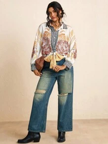 SHEIN LUNE 大码女式秋季花卉印花长袖单排扣下摆系带波西米亚风衬衫 - 杏色 - 查看 7