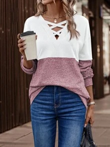 SHEIN LUNE Áo nỉ cổ chữ V họa tiết khối màu đơn giản, mùa xuân/thu - Nhiều màu - Xem 3