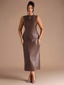 SHEIN BAE 女士无袖 PU 皮革紧身连衣裙 - 棕色 - 查看 5