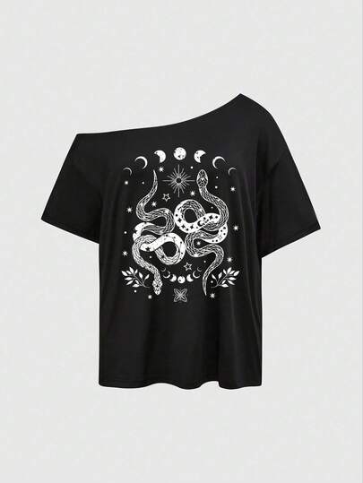 ROMWE Goth 哥特式暗月与星蛾蝴蝶性感不对称肩黑色纯色基本款复古大码不对称肩 T 恤，夏季