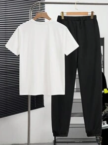 SHEIN Tween Boy Casual Football & Letter Print Short Sleeve Top And Pants 2 Pieces Set, Sports & Street Style, Suitable For Summer - Black and White - View 2