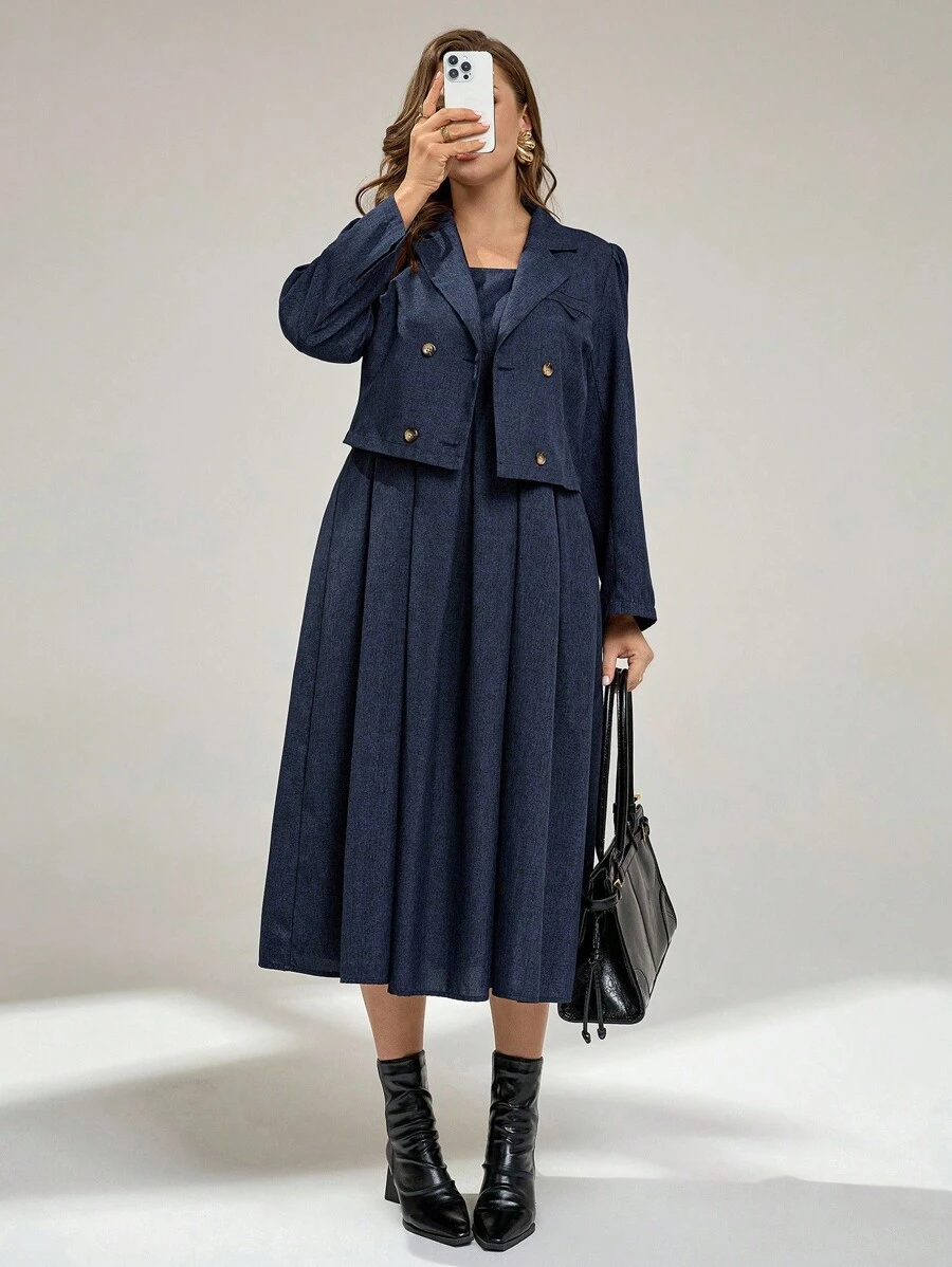 Auralis Plus Size Women's Navy Blue Summer Elegant Semi Formal Suit Set,Long-Sleeved Jacket & Suspender Dress,Business Casual Work Wear Office Fall Outfits - Blue - View 1
