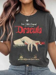 SHEIN CURVE+ Áo thun cổ tròn tay ngắn in chữ và họa tiết cỡ lớn, mùa hè - Màu xám đen - Xem 1