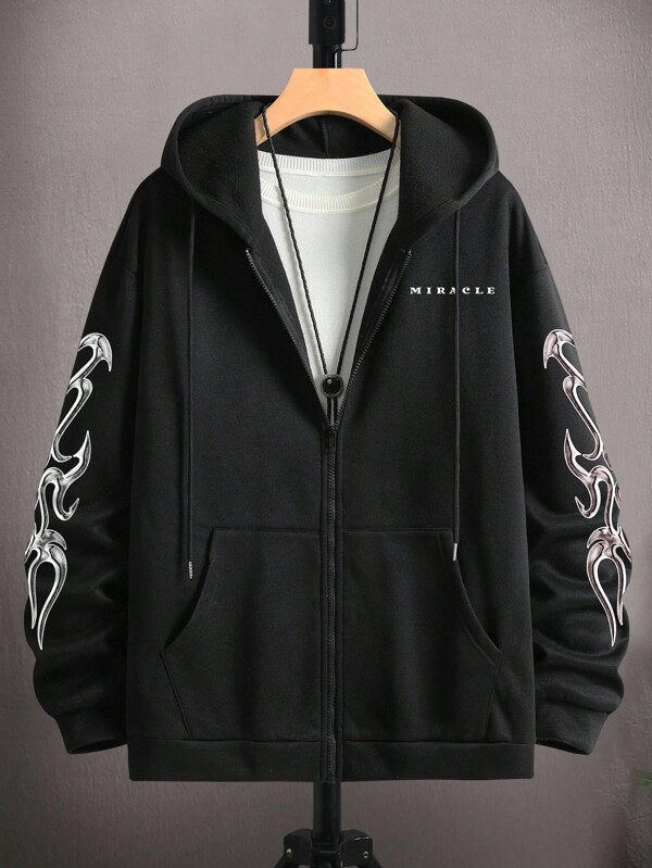 Manfinity EMRG Loose Men's Letter Graphic Zip-Up Drawstring Hoodie