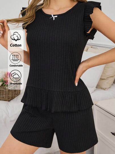 EURMUSE Elegant And Minimalist Loose Top With Ruffled Collar And Shorts For Women Lounge Set Women Pj Set Short Women S Pajama Women S Pajama Pants Women Nighty Short Sets For Women Women Two Piece Outfits Womens Short Sets Two Piece Short Sets Woman Black Lounge Set Two Piece Lounge Set Casual Two Piece Set