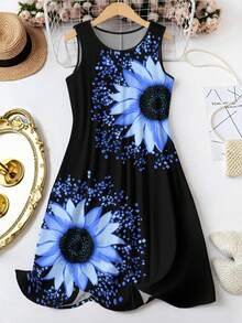 EMERY ROSE Plus Size Fashionable Sunflower Print Crew Neck Tank Dress,Boho Floral Print A-Line Dress For Summer - Multicolor - View 1