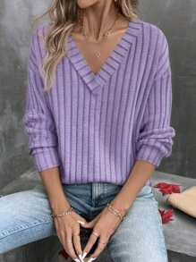 EMERY ROSE Women's Solid Color V-Neck Drop Shoulder Long Sleeve Ribbed Casual T-Shirt Fall Cloth For Women - Mauve Purple - View 3