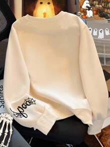 INAWLY Sweatshirt décontracté à col rond avec lettrage "BOO" brodé, cadeau d'Halloween - Nude - Voir 2