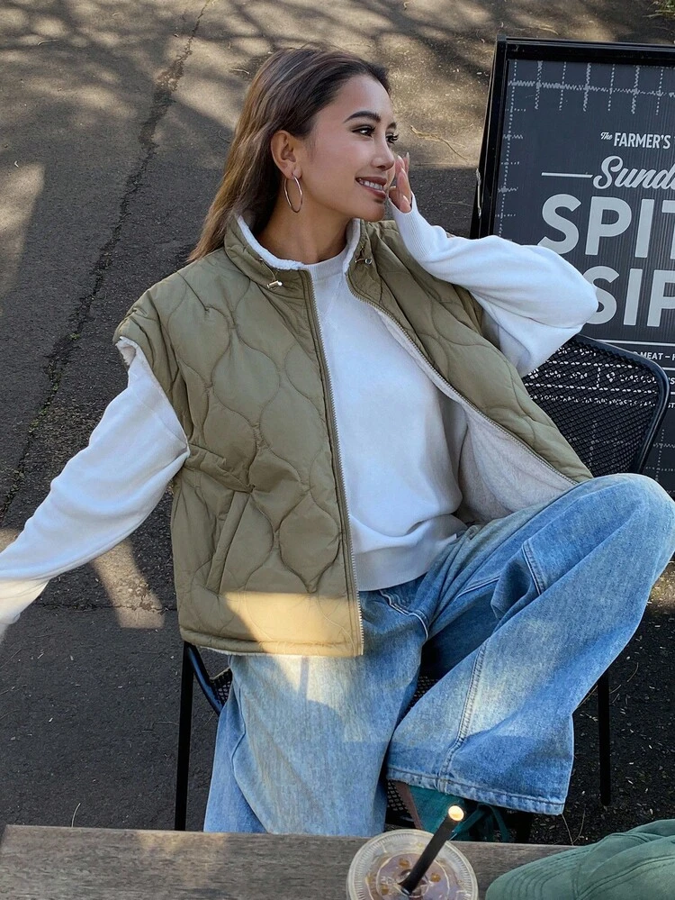 2-In-1 Patchwork Fluffy Lining Padded Vest, Short Women Padded Coat Winter Jacket Vest