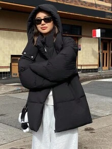 DAZY Jaket Wanita Model Fleece Tebal Longgar Warna Polos dengan Tudung untuk Musim Gugur/Musim Dingin - Hitam - View 9