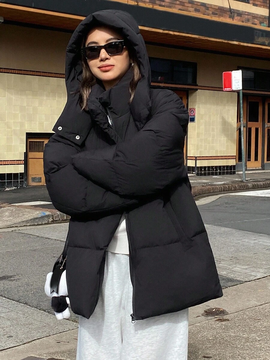 Livesso Hooded Solid Color Loose Fleece Thick Autumn/Winter Padded Coat For Women Jacket - Black - View 1