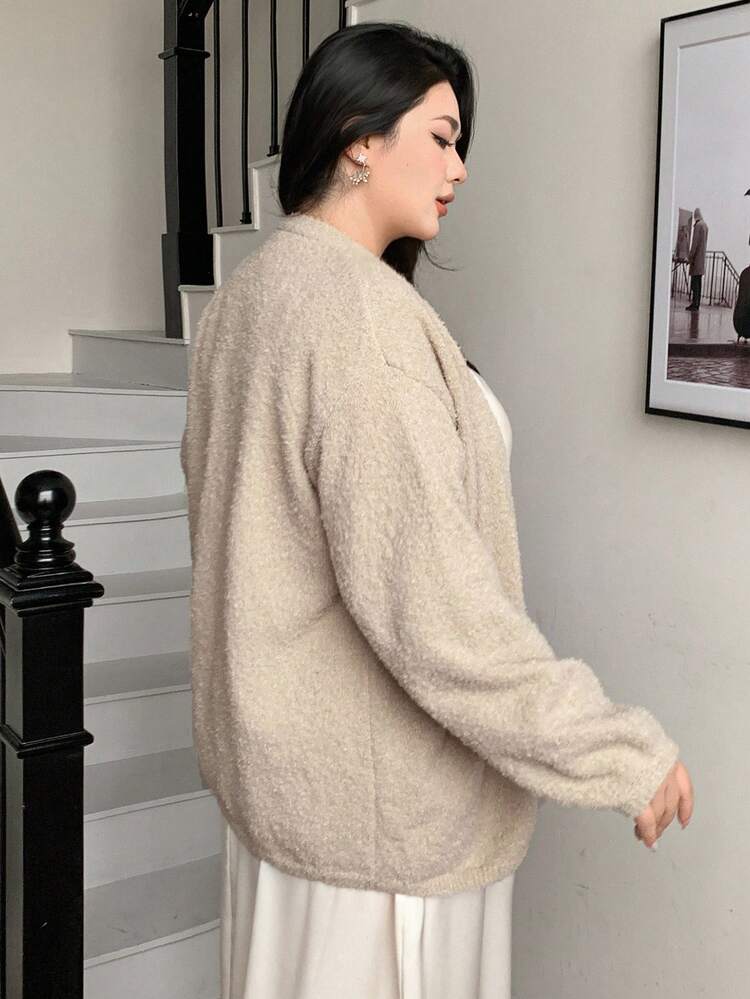 Dazy Plus Plus Size Women Solid V-Neck Lantern Sleeve Loose Cardigan Sweater, Autumn/Winter Jacket