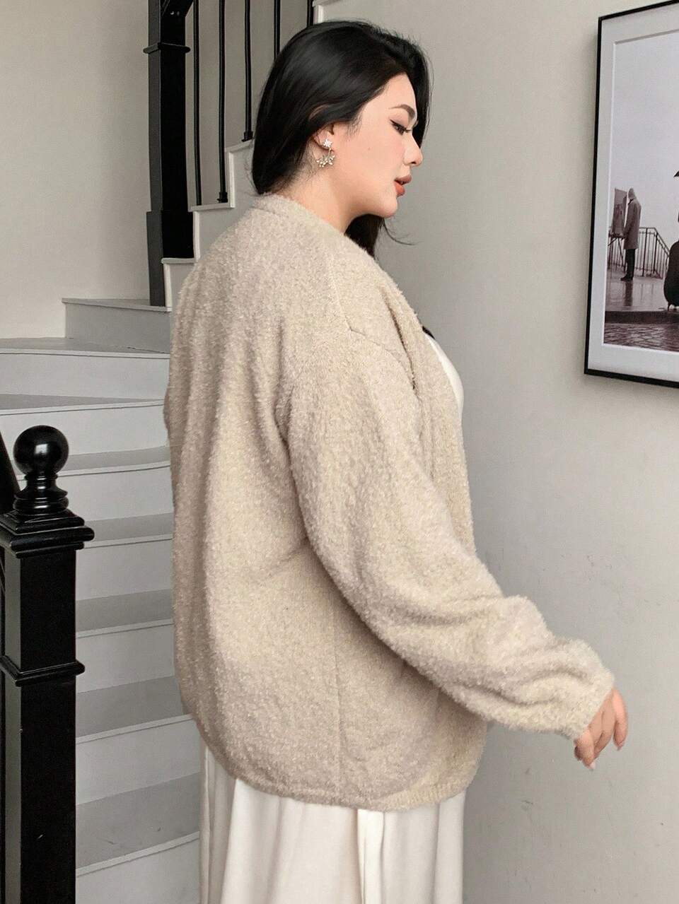 Dazy Plus Plus Size Women Solid V-Neck Lantern Sleeve Loose Cardigan Sweater, Autumn/Winter Jacket