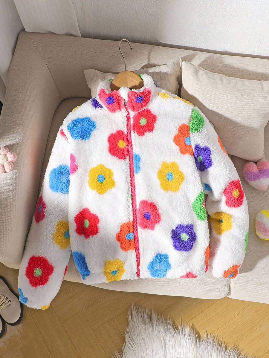 SHEIN 女童 (大号) 休闲可爱花朵羊毛夹克 - 彩色 - 查看 1