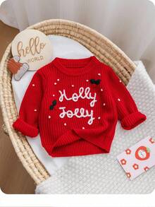 SHEIN Babygirl Christmas Cute Versatile Red Letter Graphic Long Sleeve Sweater, Autumn/Winter Fall - Red - View 9