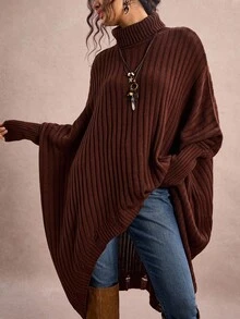 Freevana 大码女式纯色高领蝙蝠袖长袖高低下摆休闲套头衫