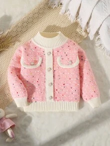 SHEIN Cárdigan de punto de manga larga con cuello redondo, color rosa con contraste blanco, cálido para niñas - Rosa - Ver 9